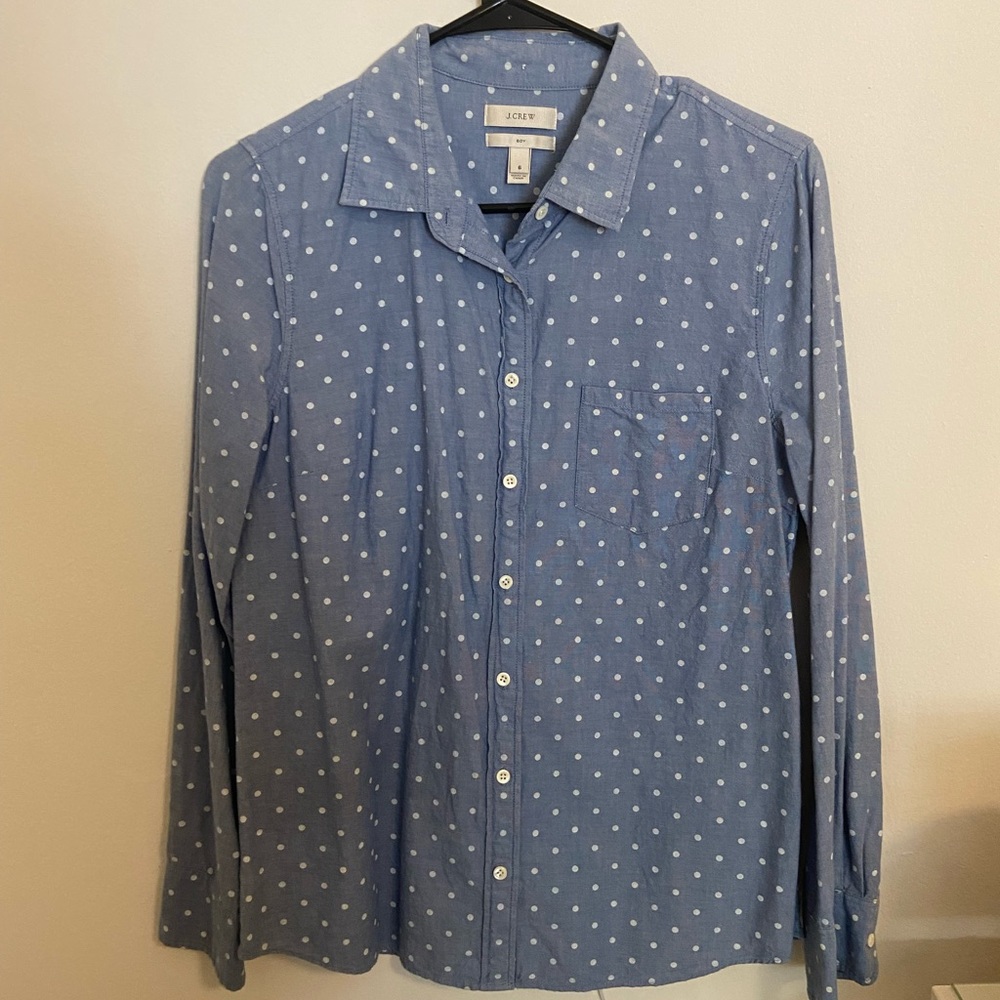 Women’s J Crew button up, blue with white polka dots, size 6